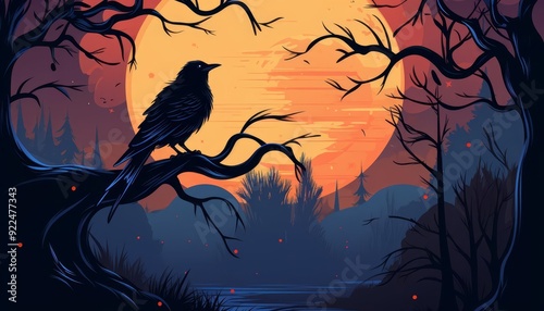 A crow cawing loudly flat design front view spooky tree animation vivid photo