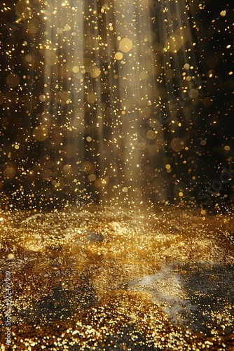 Abstract background with falling gold glitter and a spotlight.