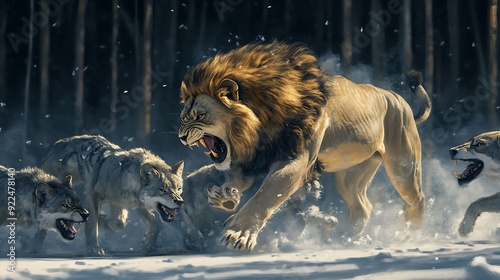 Inspirational photo of lion fight with wolves.  photo