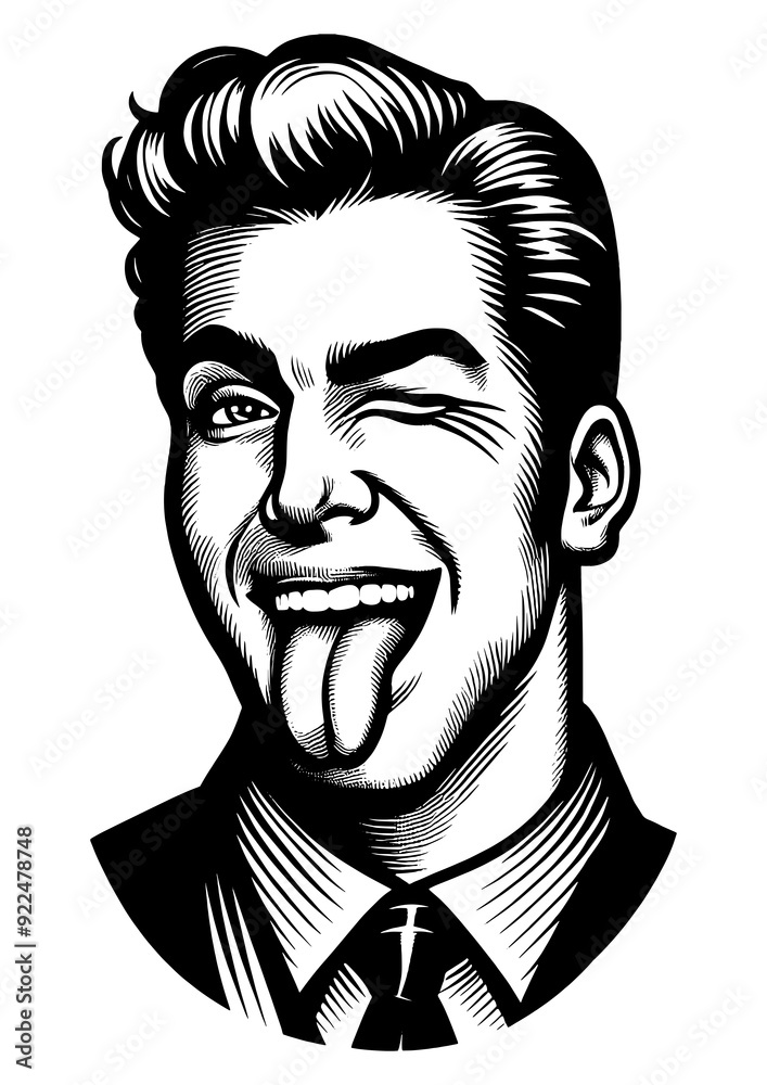 man in a suit, playfully winking and sticking his tongue out, humorous moment sketch engraving generative ai fictional character PNG illustration. Scratch board imitation. Black and white image. man in a suit, playfully winking and sticking his tongue out, humorous moment sketch engraving generative ai fictional character PNG illustration. Scratch board imitation. Black and white image.
