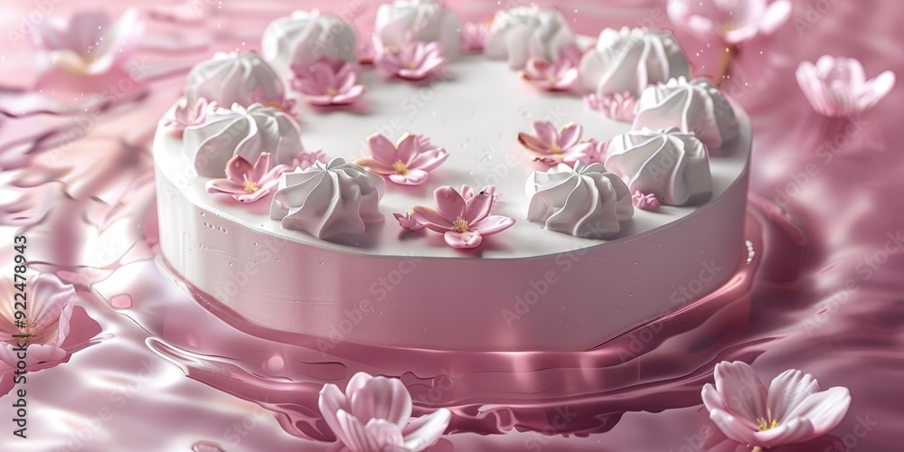 Birthday cake with pink flowers and white icing floating on pink surface, ready to eat. Birthday cake with pink flowers and white icing floating on pink surface, ready to eat.
