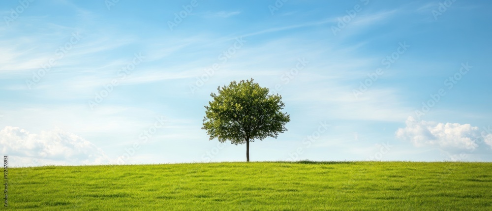 Obraz premium A Single Tree Standing Tall in a Green Field Against a Blue Sky