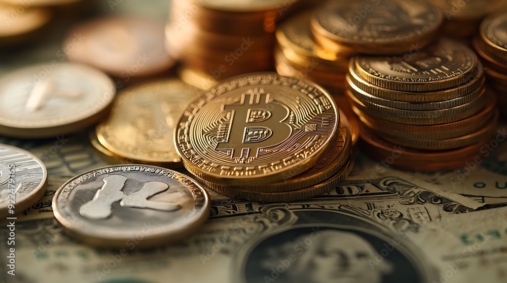 a lot of Cryptocurrency coins and Dollars on the table a lot of Cryptocurrency coins and Dollars on the table