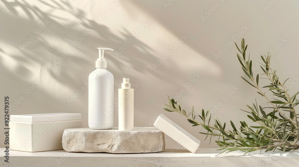 Two white bottles and a box on a rock shelf with green branches and leaf shadows on a light background. Two white bottles and a box on a rock shelf with green branches and leaf shadows on a light background.