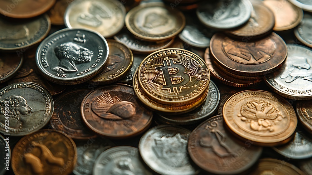 a lot of Cryptocurrency coins and Dollars on the table a lot of Cryptocurrency coins and Dollars on the table