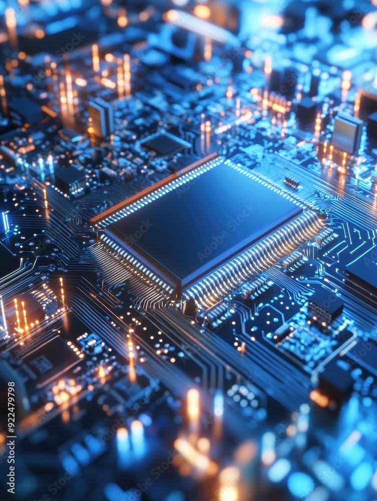 Close-up view of a computer motherboard with a central processing unit (CPU) and bright LED lights highlighting intricate electronic details. Close-up view of a computer motherboard with a central processing unit (CPU) and bright LED lights highlighting intricate electronic details.
