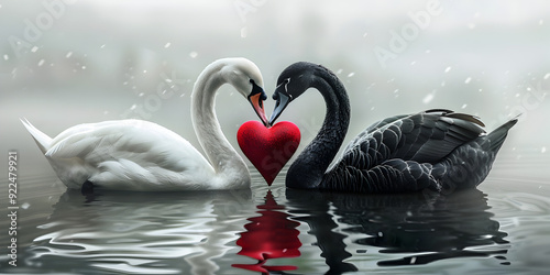 Fototapeta Naklejka Na Ścianę i Meble -  Black and white swans in romantic love on the lake in the night
