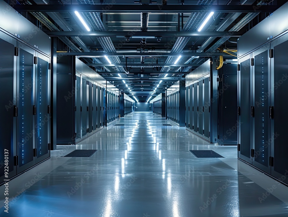 Obraz premium Clean energypowered data center, symbolizing green tech infrastructure.,