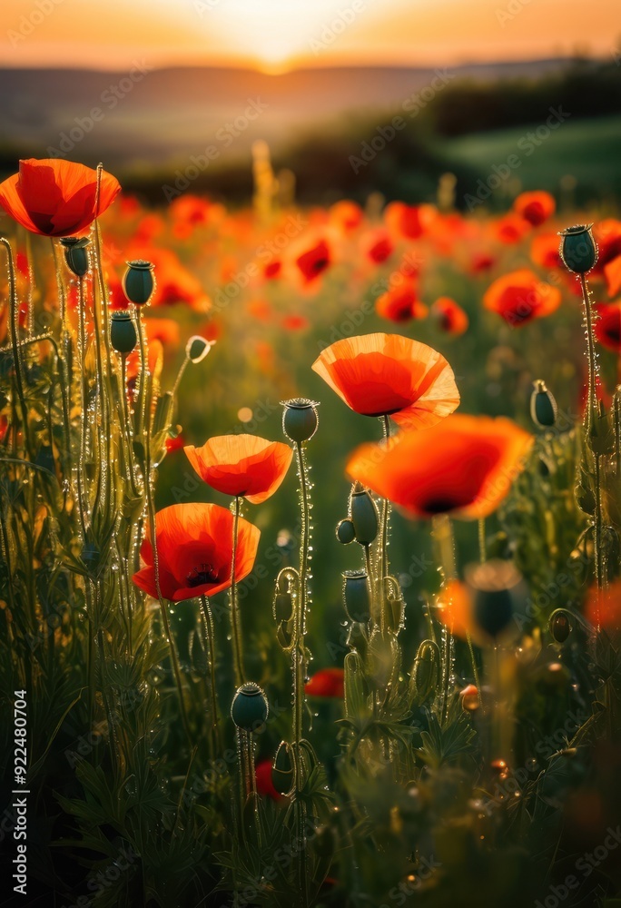 Fototapeta premium stunning vibrant poppy field bathed golden sunrise light sparkling dewdrops reflecting morning sun, bloom, flower, sunlight, glisten, beauty, outdoor