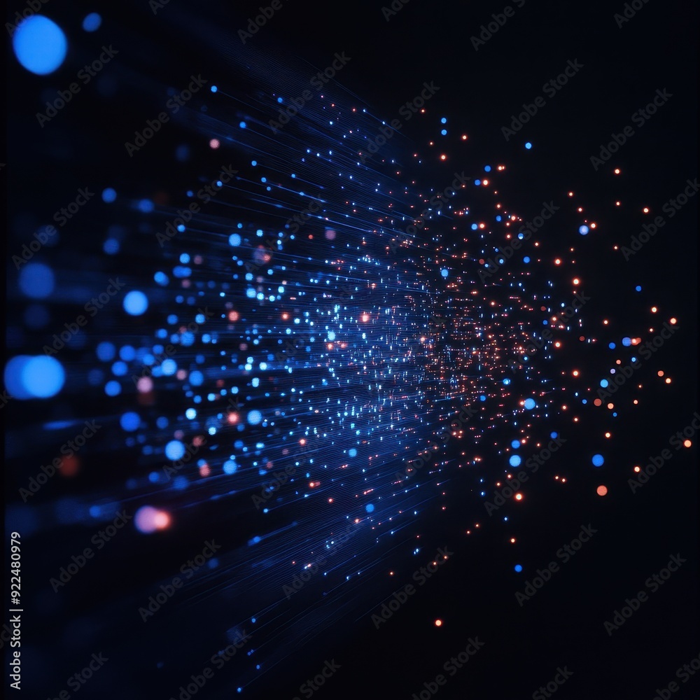 Naklejka premium Abstract light trail in blue and orange against black background, representing data transmission and futuristic technology concepts.
