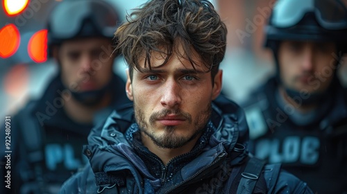 A police officer in tactical gear, with intense eyes, leads his team in an urban setting, representing strength, teamwork, and readiness for critical missions.