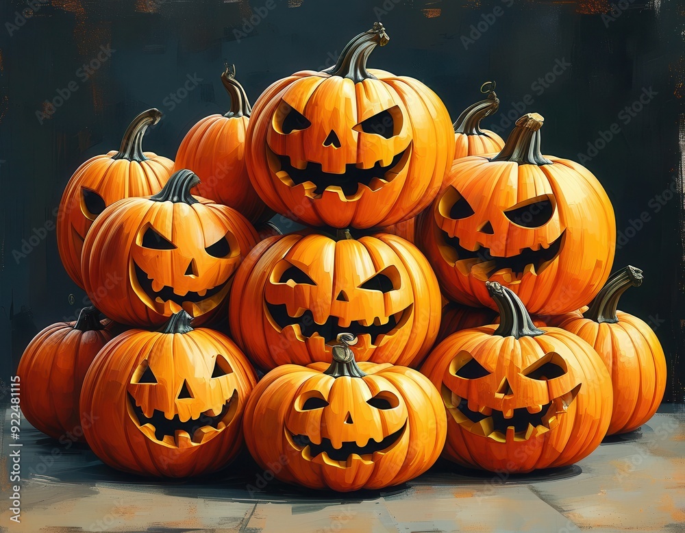 Glowing jack-o'-lanterns grin mischievously, their carved faces illuminating the night. A sea of orange pumpkins heralds Halloween's spooky delights. Glowing jack-o'-lanterns grin mischievously, their carved faces illuminating the night. A sea of orange pumpkins heralds Halloween's spooky delights.