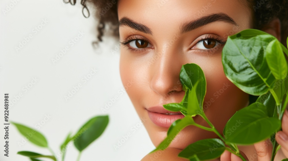 Woman holding green leaves near her face in a studio Woman holding green leaves near her face in a studio