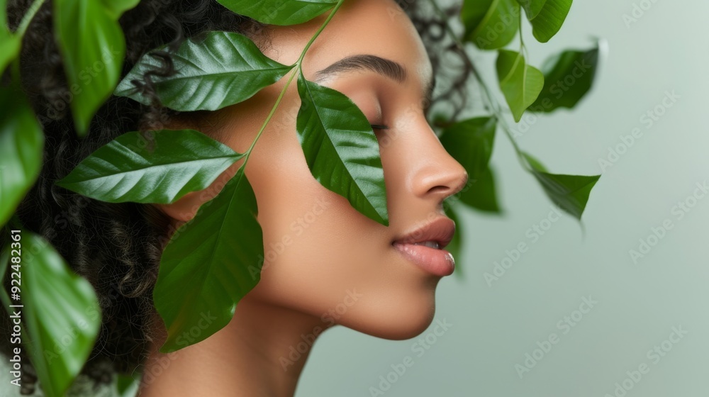 Woman with green leaves in a studio setting Woman with green leaves in a studio setting