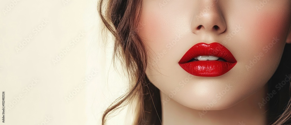 Woman full red lips with shiny skin and long hair. Facial skin care in a spa salon or cosmetology and a fashionable natural lip gloss or lipstick. Day makeup Woman full red lips with shiny skin and long hair. Facial skin care in a spa salon or cosmetology and a fashionable natural lip gloss or lipstick. Day makeup