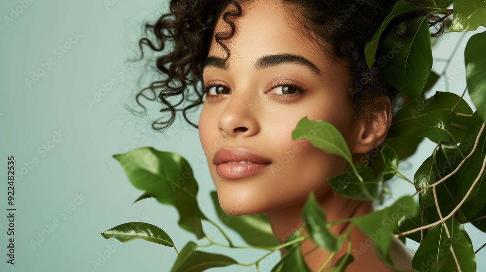 Woman with green leaves in a studio setting Woman with green leaves in a studio setting