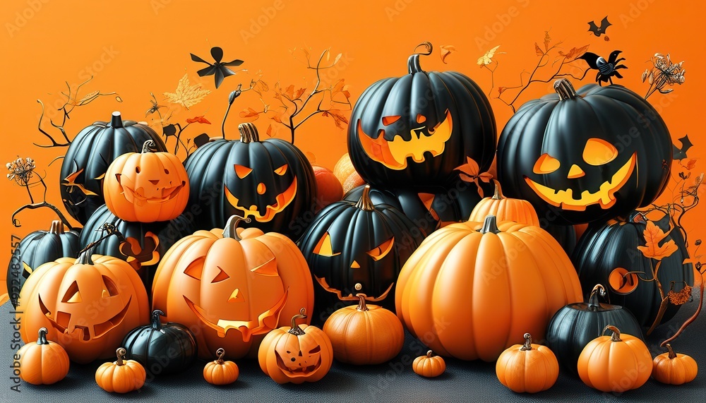 Glowing jack-o'-lanterns grin mischievously, their carved faces illuminating the night. A sea of orange pumpkins heralds Halloween's spooky delights. Glowing jack-o'-lanterns grin mischievously, their carved faces illuminating the night. A sea of orange pumpkins heralds Halloween's spooky delights.