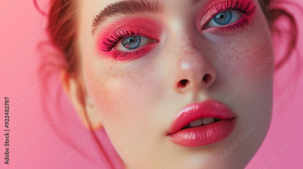 Woman with bright pink makeup and striking eyes