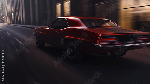 Red american muscle car road in the city golden hour