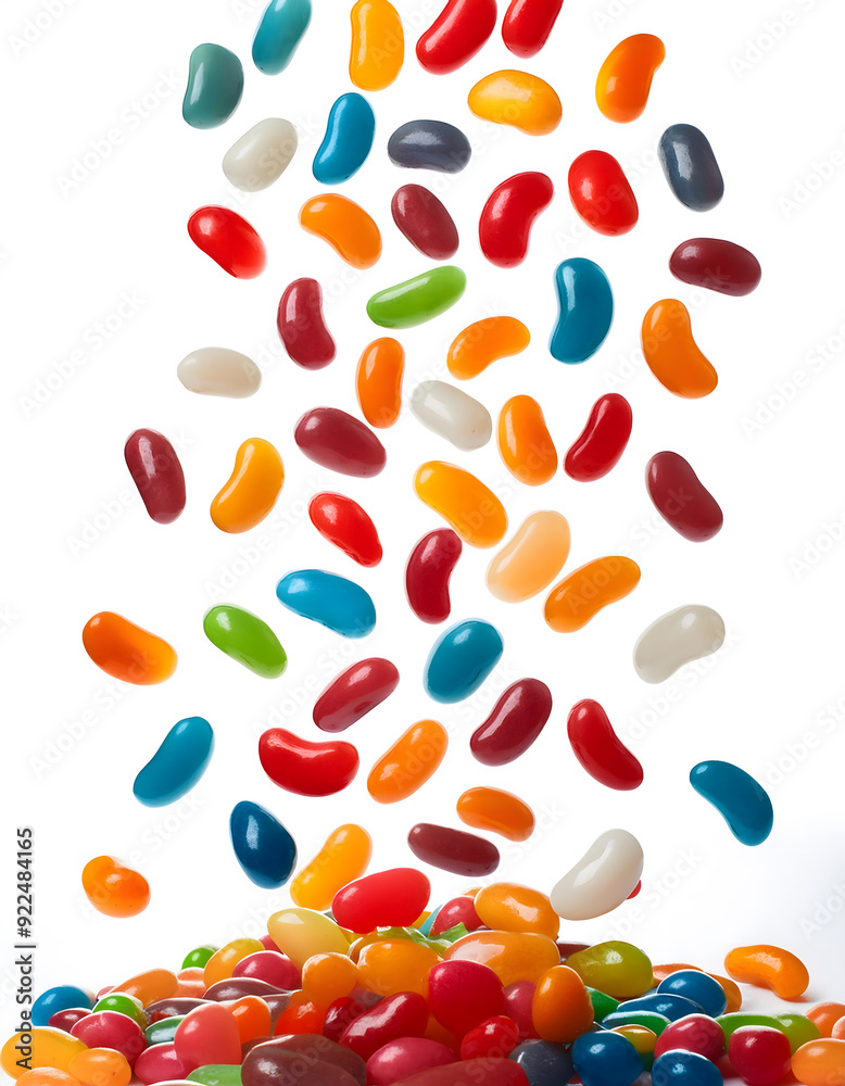 Many jelly beans falling vertically freely with white background Many jelly beans falling vertically freely with white background