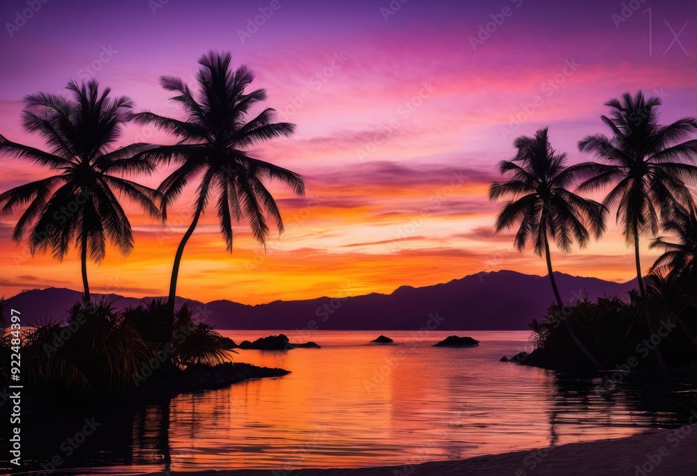 tropical palm silhouette framed vibrant sunset colors scenic landscape, sky, clouds, orange, pink, yellow, evening, light, shadow, exotic, nature, beauty