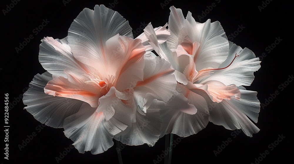A black table holds two white flowers while a vase nearby contains blooms inside A black table holds two white flowers while a vase nearby contains blooms inside