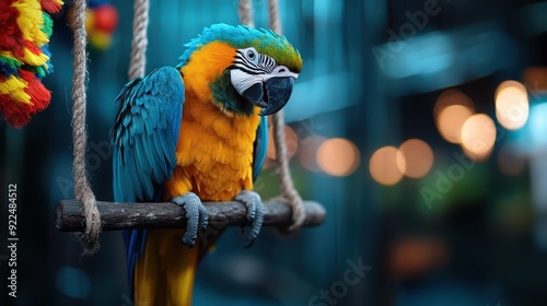 A stunning blue and yellow parrot sits on a swing, showcasing its vivid feathers in a brightly lit, vibrant environment, exuding beauty and serenity. photo