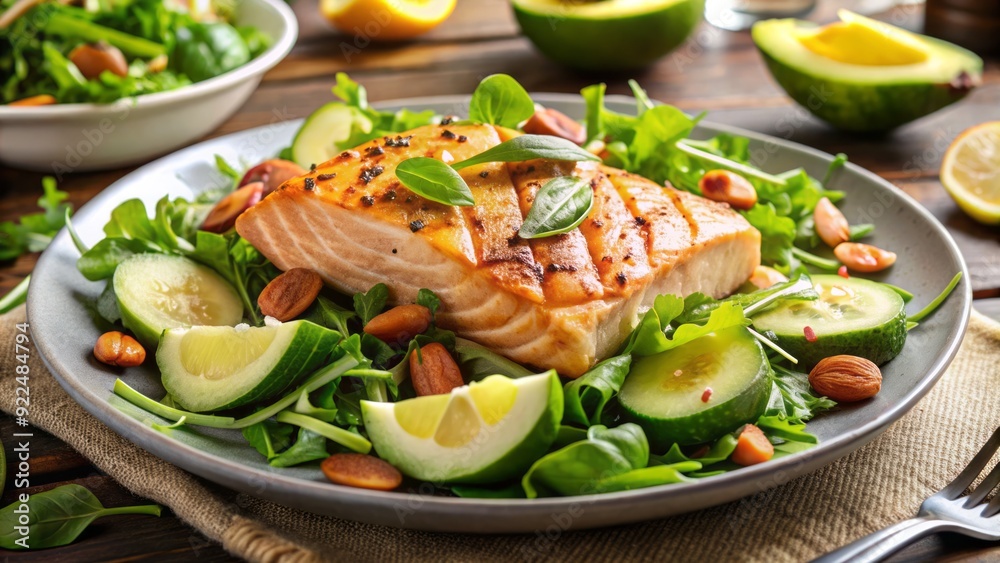 Freshly prepared mixed greens salad topped with grilled salmon fillet, creamy avocado slices, and crunchy toasted almonds, garnished with a light citrus vinaigrette dressing. Freshly prepared mixed greens salad topped with grilled salmon fillet, creamy avocado slices, and crunchy toasted almonds, garnished with a light citrus vinaigrette dressing.