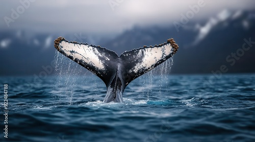 A breathtaking view of a whale’s tail rising from the sea, with water cascading off, set against majestic, misty mountains, capturing the awe-inspiring beauty of nature. photo