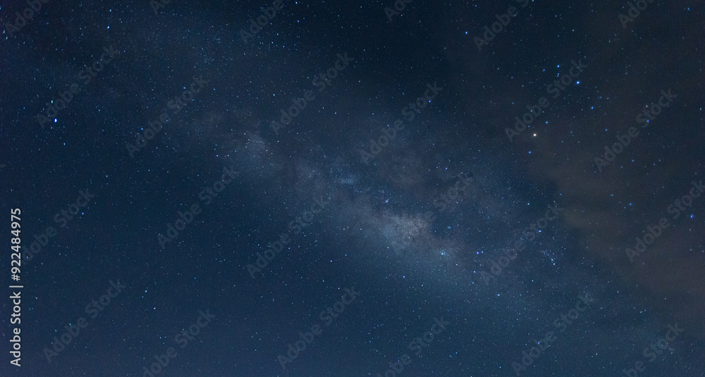 Panorama blue night sky milky way and star on dark background.Universe filled with stars, nebula and galaxy with noise and grain.with blur shadow. Panorama blue night sky milky way and star on dark background.Universe filled with stars, nebula and galaxy with noise and grain.with blur shadow.