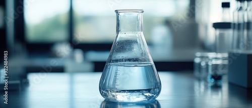 A Glass Erlenmeyer Flask Filled with Clear Liquid in a Laboratory Setting