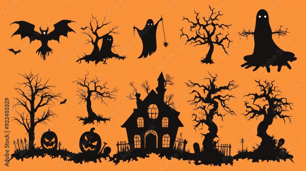 Collection of Halloween silhouettes. Haunted house, creepy tree, flying witch, pumpkins, halloween ghost, owl, coffin lid etc