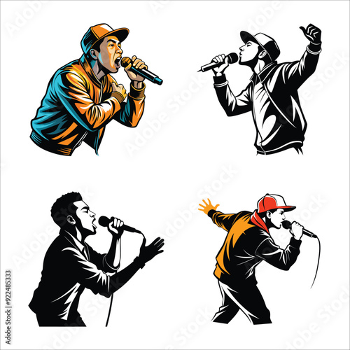 "Silhouette of Dynamic Beatboxer Passionately Performing with Microphone on White Background"
