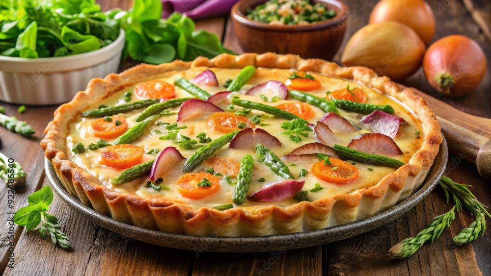 Freshly baked quiche filled with smoked salmon, tender asparagus, caramelized onions, and melted Gruyère, in a crispy gluten-free crust, served with a fresh green salad. Freshly baked quiche filled with smoked salmon, tender asparagus, caramelized onions, and melted Gruyère, in a crispy gluten-free crust, served with a fresh green salad.