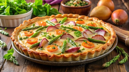 Freshly baked quiche filled with smoked salmon, tender asparagus, caramelized onions, and melted Gruyère, in a crispy gluten-free crust, served with a fresh green salad.