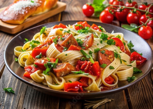 Vibrant roasted red peppers and sun-dried tomatoes adorn a plate of freshly cooked salmon pasta, topped with chopped parsley and a sprinkle of parmesan cheese.