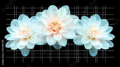   Three flowers arranged on a monochromatic chequerboard backdrop, featuring an overlaid grid in the foreground