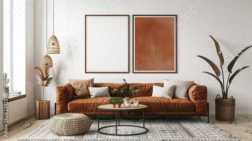 Modern Living Room with Brown Leather Sofa, Wicker Decor, and Two Framed Pictures