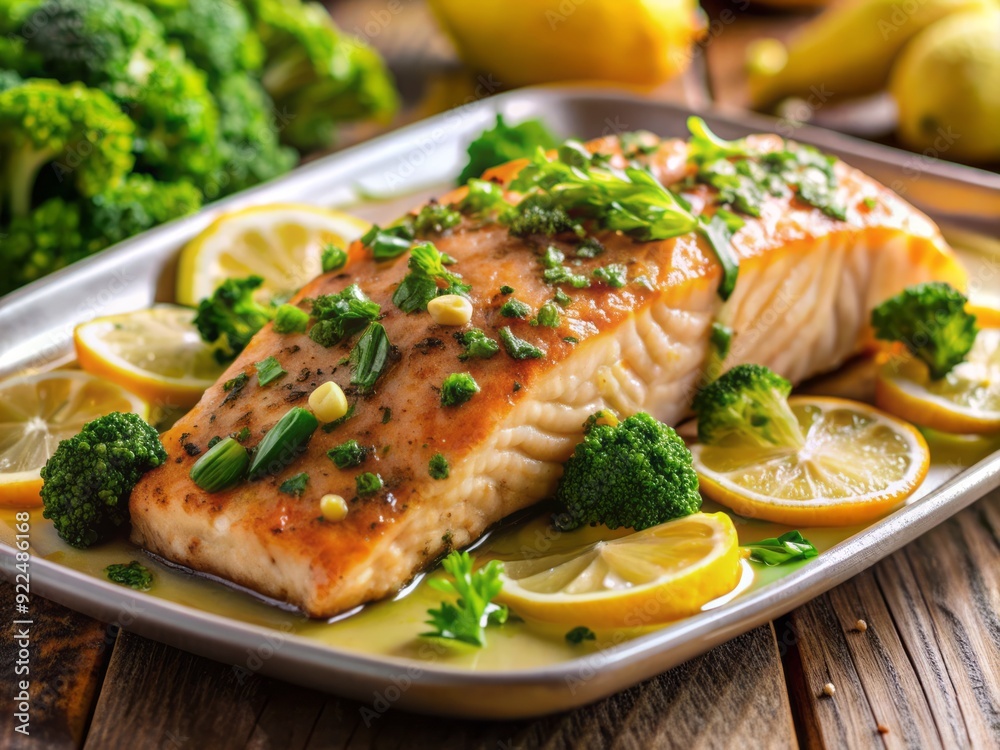 Freshly baked salmon fillet atop a bed of vibrant roasted broccoli, drizzled with a zesty lemon garlic butter sauce and garnished with parsley.