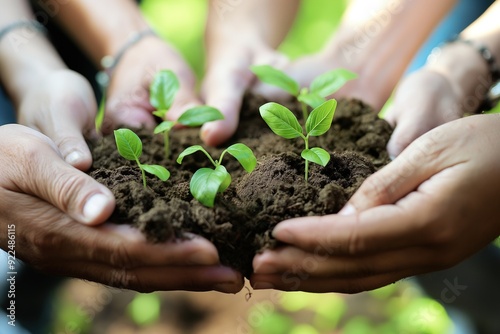 Close-up of hands holding fresh green saplings emerging from soil, symbolizing new growth, hope, and environmental care.