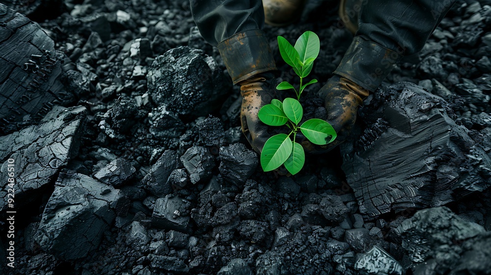 Fototapeta premium Green Sprout Emerging from Coal