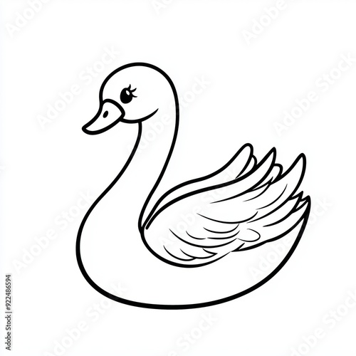 Simple and cute animal drawing, a swan doodle for kids coloring book, with white background.