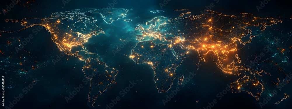 Obraz premium A digital map of the world with glowing connections between cities, representing global connectivity and data transfer across national borders