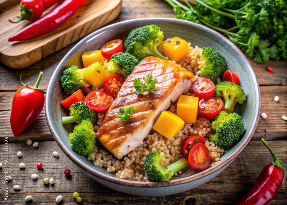 Freshly cooked quinoa surrounded by vibrant vegetables, including bell peppers and broccoli, and topped with a juicy piece of grilled salmon, perfectly garnished. Freshly cooked quinoa surrounded by vibrant vegetables, including bell peppers and broccoli, and topped with a juicy piece of grilled salmon, perfectly garnished.