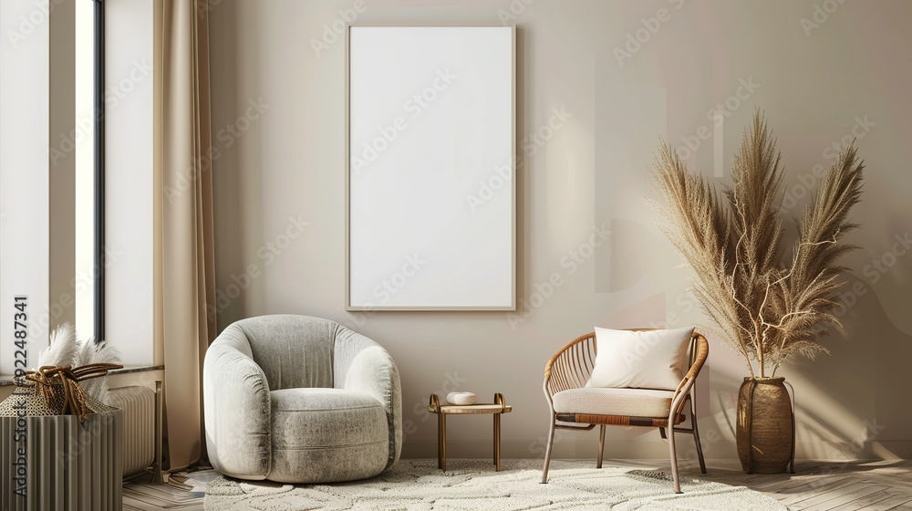 Modern Living Room with Beige Walls, Plush Chairs, and a Large Blank Canvas Modern Living Room with Beige Walls, Plush Chairs, and a Large Blank Canvas
