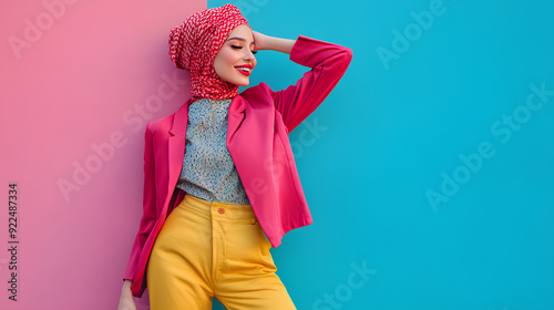 colorful and modern stylish fashion shoot of a muslim hijab woman in a dynamic