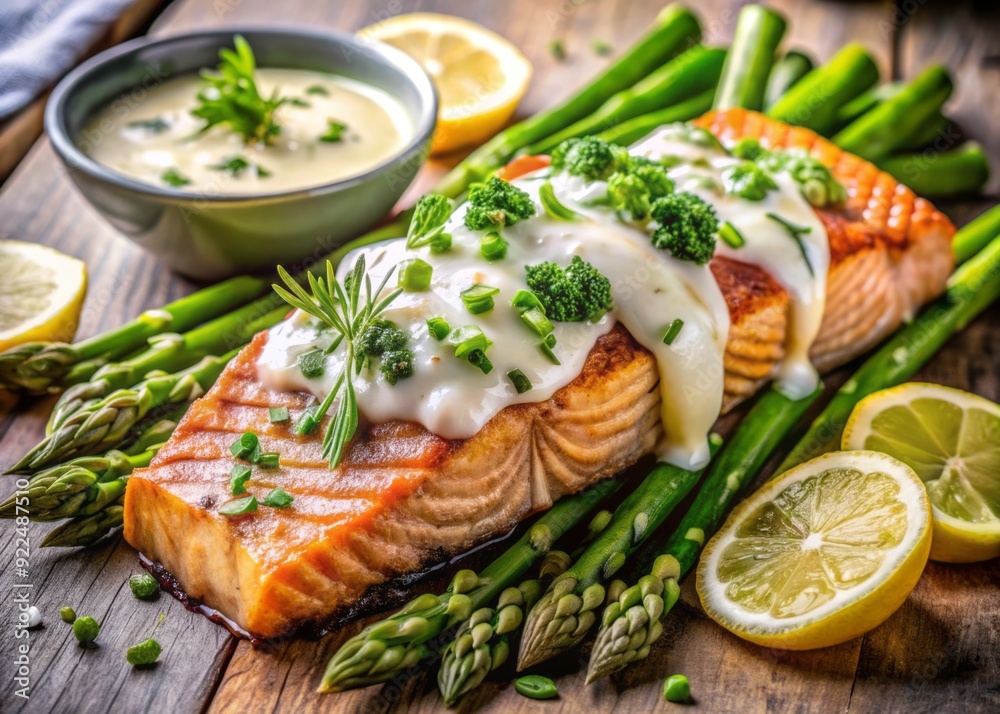 Freshly grilled salmon fillet served atop a bundle of roasted asparagus, finished with a zesty and refreshing lemon dill sauce, garnished with fresh herbs. Freshly grilled salmon fillet served atop a bundle of roasted asparagus, finished with a zesty and refreshing lemon dill sauce, garnished with fresh herbs.