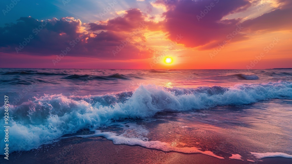 colorful sunset over the ocean with waves crashing on the shore
