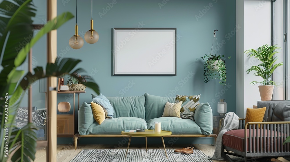 Modern Living Room with Teal Walls and Plush Sofa Modern Living Room with Teal Walls and Plush Sofa