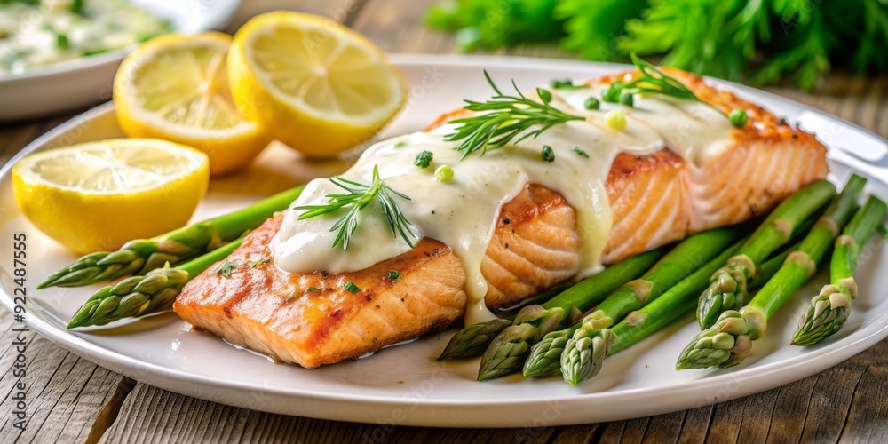 Freshly grilled salmon fillet served atop a bed of tender roasted asparagus, drizzled with a zesty and refreshing lemon dill sauce. Freshly grilled salmon fillet served atop a bed of tender roasted asparagus, drizzled with a zesty and refreshing lemon dill sauce.